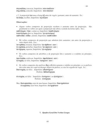 69
69
συγ
συγ
συγ
συγ-καλε
καλε
καλε
καλεω,
ω,
ω,
ω, convocar, Imperfeito: συν
συν
συν
συν-εκα
εκα
εκα
εκαλουν
λουν
λουν
λουν
συµ
συµ
συµ
συµ-πι
πι
πι
πιπτω,
πτω,
πτω,
πτω, coincidir, Imperfeito: συν
συν
συν
συν-ε
ε
ε
επιπτον
πιπτον
πιπτον
πιπτον
c.2 A preposição εκ
εκ
εκ
εκ toma a forma εξ
εξ
εξ
εξ antes de vogal e, portanto, antes do aumento. Ex.:
εκ
εκ
εκ
εκ-λε
λε
λε
λεγω,
γω,
γω,
γω, escolher, Imperfeito: εξ
εξ
εξ
εξ-ε
ε
ε
ελεγον
λεγον
λεγον
λεγον
Observações:
• Alguns verbos compostos de preposição recebem o aumento antes da preposição. São
geralmente os verbos aos quais a preposição não altera o sentido da forma siples. Exs.:
καθ
καθ
καθ
καθ-ι
ι
ι
ιζοµαι
ζοµαι
ζοµαι
ζοµαι ( ι
ι
ι
ιζω
ζω
ζω
ζω ), sentar-se, Imperfeito: εκαθ
εκαθ
εκαθ
εκαθ-ιζο
ιζο
ιζο
ιζοµην
µην
µην
µην
εναντιου
εναντιου
εναντιου
εναντιουµαι,
µαι,
µαι,
µαι,opor-se, Imperfeito: ην
ην
ην
ην-αντιου
αντιου
αντιου
αντιουµην
µην
µην
µην
καθ
καθ
καθ
καθ-ευ
ευ
ευ
ευδω
δω
δω
δω ( ευ
ευ
ευ
ευδω
δω
δω
δω ), dormir, Imperfeito: εκα
εκα
εκα
εκαθ
θ
θ
θ-ευδον
ευδον
ευδον
ευδον
• Há verbos compostos de preposição que admitem dois aumentos: um antes da preposição e
outro depois dela. Exs.:
αν
αν
αν
αν-ορθο
ορθο
ορθο
ορθοω,
ω,
ω,
ω, restaurar, Imperfeito: ην
ην
ην
ην-ω
ω
ω
ωρθουν
ρθουν
ρθουν
ρθουν( -οον
οον
οον
οον )
εν
εν
εν
εν-οχλε
οχλε
οχλε
οχλεεω,
εω,
εω,
εω, perturbar, Imperfeito: ην
ην
ην
ην-ω
ω
ω
ωχλουν
χλουν
χλουν
χλουν( -εον
εον
εον
εον )
αν
αν
αν
αν-ε
ε
ε
εχοµαι,
χοµαι,
χοµαι,
χοµαι, suportar, Imperfeito: ην
ην
ην
ην-ειχο
ειχο
ειχο
ειχοµην
µην
µην
µην
• Os verbos compostos de advérbios e de preposição têm o aumento e o redobro no princípio.
Exs.:
ο
ο
ο
οµο
µο
µο
µο-λογε
λογε
λογε
λογεω,
ω,
ω,
ω, confessar, Imperfeito: ω
ω
ω
ωµολο
µολο
µολο
µολογουν
γουν
γουν
γουν( -εον
εον
εον
εον )
α
α
α
α-τυχε
τυχε
τυχε
τυχεω,
ω,
ω,
ω, ser feliz, Imperfeito: ητυ
ητυ
ητυ
ητυχουν
χουν
χουν
χουν( -εον
εον
εον
εον )
• Os verbos compostos dos prefixos δυ
δυ
δυ
δυς
ς
ς
ς e ε
ε
ε
ευ
υ
υ
υ têm aumento e redobro no princípio, se os prefixos
não estão antes de vogal ou ditongo; depois do prefixo, se este for seguido de vogal. Ex.:
δυσ
δυσ
δυσ
δυσ-τυχε
τυχε
τυχε
τυχεω,
ω,
ω,
ω, ser feliz: Imperfeito: εδυστυ
εδυστυ
εδυστυ
εδυστυχουν
χουν
χουν
χουν
Perfeito: δεδυστυ
δεδυστυ
δεδυστυ
δεδυστυχηκα
χηκα
χηκα
χηκα
ε
ε
ε
ευ
υ
υ
υ-τυχε
τυχε
τυχε
τυχεω,
ω,
ω,
ω, ser feliz: Imperfeito: ε
ε
ε
ευτυ
υτυ
υτυ
υτυχουν
χουν
χουν
χουν ( ou η
η
η
ηυτυ
υτυ
υτυ
υτυχουν
χουν
χουν
χουν )
Perfeito: ε
ε
ε
ευτυ
υτυ
υτυ
υτυχηκα
χηκα
χηκα
χηκα
Mas: δυσ
δυσ
δυσ
δυσ-αρεστε
αρεστε
αρεστε
αρεστεω,
ω,
ω,
ω, estar de mau humor, Imperfeito: δυσ
δυσ
δυσ
δυσ-ηρε
ηρε
ηρε
ηρεστουν
στουν
στουν
στουν
ε
ε
ε
ευ
υ
υ
υ-εργετε
εργετε
εργετε
εργετεω,
ω,
ω,
ω, fazer bem, Imperfeito: ε
ε
ε
ευ
υ
υ
υ-ηργε
ηργε
ηργε
ηργετουν
τουν
τουν
τουν
7. Quadro Geral Dos Verbos Gregos
 