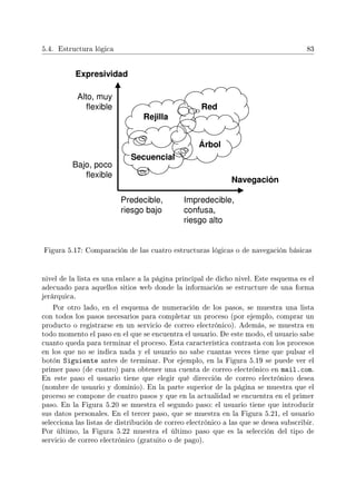 5.4. Estructura lógica 83
Figura 5.17: Comparación de las cuatro estructuras lógicas o de navegación básicas
nivel de la lista es una enlace a la página principal de dicho nivel. Este esquema es el
adecuado para aquellos sitios web donde la información se estructure de una forma
jerárquica.
Por otro lado, en el esquema de numeración de los pasos, se muestra una lista
con todos los pasos necesarios para completar un proceso (por ejemplo, comprar un
producto o registrarse en un servicio de correo electrónico). Además, se muestra en
todo momento el paso en el que se encuentra el usuario. De este modo, el usuario sabe
cuanto queda para terminar el proceso. Esta característica contrasta con los procesos
en los que no se indica nada y el usuario no sabe cuantas veces tiene que pulsar el
botón Siguiente antes de terminar. Por ejemplo, en la Figura 5.19 se puede ver el
primer paso (de cuatro) para obtener una cuenta de correo electrónico en mail.com.
En este paso el usuario tiene que elegir qué dirección de correo electrónico desea
(nombre de usuario y dominio). En la parte superior de la página se muestra que el
proceso se compone de cuatro pasos y que en la actualidad se encuentra en el primer
paso. En la Figura 5.20 se muestra el segundo paso: el usuario tiene que introducir
sus datos personales. En el tercer paso, que se muestra en la Figura 5.21, el usuario
selecciona las listas de distribución de correo electrónico a las que se desea subscribir.
Por último, la Figura 5.22 muestra el último paso que es la selección del tipo de
servicio de correo electrónico (gratuito o de pago).
 