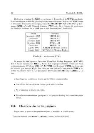 94 Capítulo 6. HTML
El objetivo principal del W3C es encabezar el desarrollo de la WWW, mediante
la elaboración de protocolos que aseguren su estandarización. Hoy en día, W3C lidera
el desarrollo de distintas tecnologías, como HTML, HTTP, Extensible Markup Lan-
guage (XML), Portable Network Graphics (PNG), etc. En el Cuadro 6.1 mostramos
las distintas versiones de HTML que se han estandarizado
3 desde 1995.
Fecha Versión
Noviembre 1995 HTML 2.0
Enero 1997 HTML 3.2
Diciembre 1997 HTML 4.0
Diciembre 1999 HTML 4.01
Enero 2000 XHTML 1.0
Agosto 2002 XHTML 1.0 Second Edition
Agosto 2002 XHTML 2.0 (Working Draft)
Cuadro 6.1: Versiones de HTML
En enero de 2000 aparece Extensible HyperText Markup Language (XHTML)
1.0, el futuro sustituto de HTML. Como dice el propio estándar, se trata de una
reformulación de HTML en XML 1.0. XHTML es el lenguaje HTML escrito según
las normas que impone XML. Por tanto, es una aplicación concreta de XML y no
deben confundirse entre sí. Las principales diferencias entre HTML y XHTML 1.0
son:
Las etiquetas y atributos tienen que escribirse en minúsculas.
Los valores de los atributos tienen que ir entre comillas.
No se admiten atributos sin valor.
Todas las etiquetas tienen que aparecer por parejas (inicio y n) o como etiquetas
vacías.
6.3. Clasicación de las páginas
Según como se generan las páginas web en el servidor, se clasican en:
3Algunas versiones, como HTML+ o HTML 3.0 nunca llegaron a estándar.
 