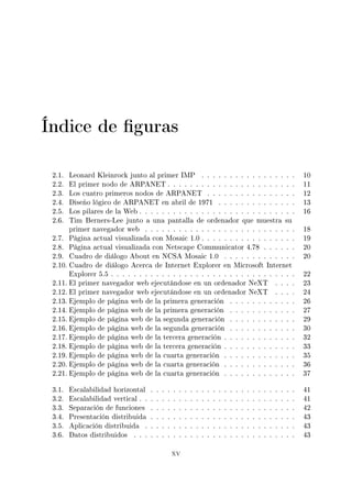 Índice de guras
2.1. Leonard Kleinrock junto al primer IMP . . . . . . . . . . . . . . . . . 10
2.2. El primer nodo de ARPANET . . . . . . . . . . . . . . . . . . . . . . . 11
2.3. Los cuatro primeros nodos de ARPANET . . . . . . . . . . . . . . . . 12
2.4. Diseño lógico de ARPANET en abril de 1971 . . . . . . . . . . . . . . 13
2.5. Los pilares de la Web . . . . . . . . . . . . . . . . . . . . . . . . . . . . 16
2.6. Tim Berners-Lee junto a una pantalla de ordenador que muestra su
primer navegador web . . . . . . . . . . . . . . . . . . . . . . . . . . . 18
2.7. Página actual visualizada con Mosaic 1.0 . . . . . . . . . . . . . . . . . 19
2.8. Página actual visualizada con Netscape Communicator 4.78 . . . . . . 20
2.9. Cuadro de diálogo About en NCSA Mosaic 1.0 . . . . . . . . . . . . . 20
2.10. Cuadro de diálogo Acerca de Internet Explorer en Microsoft Internet
Explorer 5.5 . . . . . . . . . . . . . . . . . . . . . . . . . . . . . . . . . 22
2.11. El primer navegador web ejecutándose en un ordenador NeXT . . . . 23
2.12. El primer navegador web ejecutándose en un ordenador NeXT . . . . 24
2.13. Ejemplo de página web de la primera generación . . . . . . . . . . . . 26
2.14. Ejemplo de página web de la primera generación . . . . . . . . . . . . 27
2.15. Ejemplo de página web de la segunda generación . . . . . . . . . . . . 29
2.16. Ejemplo de página web de la segunda generación . . . . . . . . . . . . 30
2.17. Ejemplo de página web de la tercera generación . . . . . . . . . . . . . 32
2.18. Ejemplo de página web de la tercera generación . . . . . . . . . . . . . 33
2.19. Ejemplo de página web de la cuarta generación . . . . . . . . . . . . . 35
2.20. Ejemplo de página web de la cuarta generación . . . . . . . . . . . . . 36
2.21. Ejemplo de página web de la cuarta generación . . . . . . . . . . . . . 37
3.1. Escalabilidad horizontal . . . . . . . . . . . . . . . . . . . . . . . . . . 41
3.2. Escalabilidad vertical . . . . . . . . . . . . . . . . . . . . . . . . . . . . 41
3.3. Separación de funciones . . . . . . . . . . . . . . . . . . . . . . . . . . 42
3.4. Presentación distribuida . . . . . . . . . . . . . . . . . . . . . . . . . . 43
3.5. Aplicación distribuida . . . . . . . . . . . . . . . . . . . . . . . . . . . 43
3.6. Datos distribuidos . . . . . . . . . . . . . . . . . . . . . . . . . . . . . 43
xv
 