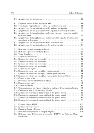xvi Índice de guras
3.7. Arquitectura de tres niveles . . . . . . . . . . . . . . . . . . . . . . . . 44
4.1. Esquema básico de una aplicación web . . . . . . . . . . . . . . . . . . 48
4.2. Tecnologías empleadas en el cliente y en el servidor web . . . . . . . . 51
4.3. Arquitectura de las aplicaciones web: todo en un servidor . . . . . . . 55
4.4. Arquitectura de las aplicaciones web: separación servidor de datos . . 55
4.5. Arquitectura de las aplicaciones web: todo en un servidor, con servicio
de aplicaciones . . . . . . . . . . . . . . . . . . . . . . . . . . . . . . . 56
4.6. Arquitectura de las aplicaciones web: separación servidor de datos, con
servicio de aplicaciones . . . . . . . . . . . . . . . . . . . . . . . . . . . 57
4.7. Arquitectura de las aplicaciones web: todo separado . . . . . . . . . . 57
4.8. Arquitectura de las aplicaciones web: todo separado . . . . . . . . . . 58
5.1. Distintos tipos de estructuras físicas . . . . . . . . . . . . . . . . . . . 66
5.2. Distintos tipos de estructuras físicas . . . . . . . . . . . . . . . . . . . 67
5.3. Tipos de enlaces . . . . . . . . . . . . . . . . . . . . . . . . . . . . . . 70
5.4. Estructura secuencial . . . . . . . . . . . . . . . . . . . . . . . . . . . . 71
5.5. Ejemplo de estructura secuencial . . . . . . . . . . . . . . . . . . . . . 72
5.6. Ejemplo de estructura secuencial . . . . . . . . . . . . . . . . . . . . . 73
5.7. Ejemplo de estructura secuencial . . . . . . . . . . . . . . . . . . . . . 74
5.8. Ejemplo de estructura secuencial . . . . . . . . . . . . . . . . . . . . . 75
5.9. Estructura en rejilla . . . . . . . . . . . . . . . . . . . . . . . . . . . . 76
5.10. Ejemplo de estructura en rejilla: versión normal . . . . . . . . . . . . . 77
5.11. Ejemplo de estructura en rejilla: versión para imprimir . . . . . . . . . 78
5.12. Ejemplo de estructura en rejilla: versión para discapacitados . . . . . . 79
5.13. Estructura en árbol . . . . . . . . . . . . . . . . . . . . . . . . . . . . . 80
5.14. Problemas en las estructuras en árbol . . . . . . . . . . . . . . . . . . 80
5.15. Estructura en red . . . . . . . . . . . . . . . . . . . . . . . . . . . . . . 81
5.16. Estructura mixta . . . . . . . . . . . . . . . . . . . . . . . . . . . . . . 82
5.17. Comparación de las cuatro estructuras lógicas o de navegación básicas 83
5.18. Ejemplo de rastro de las migas de pan . . . . . . . . . . . . . . . . . 84
5.19. Ejemplo de esquema de numeración de los pasos: paso 1 . . . . . . . . 85
5.20. Ejemplo de esquema de numeración de los pasos: paso 2 . . . . . . . . 86
5.21. Ejemplo de esquema de numeración de los pasos: paso 3 . . . . . . . . 87
5.22. Ejemplo de esquema de numeración de los pasos: paso 4 . . . . . . . . 88
6.1. Primera página HTML . . . . . . . . . . . . . . . . . . . . . . . . . . . 100
6.2. Ejemplo de encabezados . . . . . . . . . . . . . . . . . . . . . . . . . . 106
6.3. Formatos físicos y lógicos . . . . . . . . . . . . . . . . . . . . . . . . . 107
6.4. Resultados inesperados al solapar etiquetas . . . . . . . . . . . . . . . 108
6.5. Distintos tipos de letra con la etiqueta FONT en Netscape Com-
municator . . . . . . . . . . . . . . . . . . . . . . . . . . . . . . . . . . 110
 