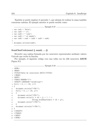 218 Capítulo 9. JavaScript
También se puede emplear el operador +, que además de realizar la suma también
concatena cadenas. El ejemplo anterior se puede escribir como:
Ejemplo 9.47
1 var cad1 = Hola;
2 var cad2 =  a;
3 var cad3 =  todo;
4 var cad4 =  el mundo;
5 var cad5 = cad1 + cad2 + cad3 + cad4;
6
7 document.writeln(cad5);
fromCharCode(num1 [, num2, . .. ])
Devuelve una cadena formada por los caracteres representados mediante valores
Unicode que recibe la función.
Por ejemplo, el siguiente código crea una tabla con los 256 caracteres ASCII
Figura 9.5.
Ejemplo 9.48
1 HTML
2 HEAD
3 TITLETabla de caracteres ASCII/TITLE
4 /HEAD
5 BODY
6 TABLE BORDER=1
7 SCRIPT LANGUAGE=JavaScript
8 for(i = 0; i  16; i++)
9 {
10 document.writeln(TR);
11 for(j = 0; j  16; j++)
12 {
13 document.write(TD);
14 document.write((i * 16 + j) + :  +
15 String.fromCharCode(i * 16 + j));
16 document.write(/TD);
17 }
18 document.writeln(/TR);
19 }
20 /SCRIPT
21 /TABLE
22 /BODY
23 /HTML
 