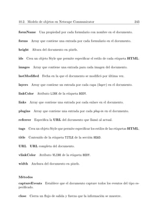 10.2. Modelo de objetos en Netscape Communicator 243
formName Una propiedad por cada formulario con nombre en el documento.
forms Array que contiene una entrada por cada formulario en el documento.
height Altura del documento en pixels.
ids Crea un objeto Style que permite especicar el estilo de cada etiqueta HTML.
images Array que contiene una entrada para cada imagen del documento.
lastModied Fecha en la que el documento se modicó por última vez.
layers Array que contiene un entrada por cada capa (layer) en el documento.
linkColor Atributo LINK de la etiqueta BODY.
links Array que contiene una entrada por cada enlace en el documento.
plugins Array que contiene una entrada por cada plug-in en el documento.
referrer Especica la URL del documento que llamó al actual.
tags Crea un objeto Style que permite especicar los estilos de las etiquetas HTML.
title Contenido de la etiqueta TITLE de la sección HEAD.
URL URL completa del documento.
vlinkColor Atributo VLINK de la etiqueta BODY.
width Anchura del documento en pixels.
Métodos
captureEvents Establece que el documento capture todos los eventos del tipo es-
pecicado.
close Cierra un ujo de salida y fuerza que la información se muestre.
 