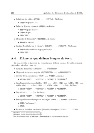 274 Apéndice A. Resumen de etiquetas de HTML
Denición de estilo: STYLE ... /STYLE. Atributo:
• TYPE=tipoEstilo.
Enlace a cheros externos: LINK. Atributos:
• REL=tipoFichero.
• TYPE=tipo.
• SRC=URL.
Elemento de búsqueda
1: ISINDEX. Atributo:
• PROMPT=texto.
Código JavaScript en el cliente
2: SCRIPT ... /SCRIPT. Atributos:
• LANGUAGE=nombreLenguajeScript.
• SRC=URL.
A.4. Etiquetas que denen bloques de texto
En esta sección se incluyen las etiquetas que denen bloques de texto, como en-
cabezados, párrafos, citas, etc.
Formato dirección: ADDRESS ... /ADDRESS.
Bloque de texto con sangría: BLOCKQUOTE ... /BLOCKQUOTE.
Sección de un documento: DIV ... /DIV. Atributo:
• ALIGN=LEFT | CENTER | RIGHT | JUSTIFY3.
Encabezamientos predenidos: H1 ... /H1, H2 ... /H2, H3 ...
/H3, H4 ... /H4, H5 ... /H5 y H6 ... /H6. Atributo:
• ALIGN=LEFT | CENTER | RIGHT | JUSTIFY.
Párrafo: P ... /P. Atributo:
• ALIGN=LEFT | CENTER | RIGHT | JUSTIFY.
Texto preformateado (tipo de letra ja): PRE ... /PRE. Atributos:
• COLS=columnas.
• WRAP.
Secuencia literal de caracteres (desactiva intérprete): XMP ... /XMP.
1También puede emplearse en el cuerpo.
2También puede emplearse en el cuerpo.
3En la documentación de Netscape Communicator no gura el valor JUSTIFY.
 