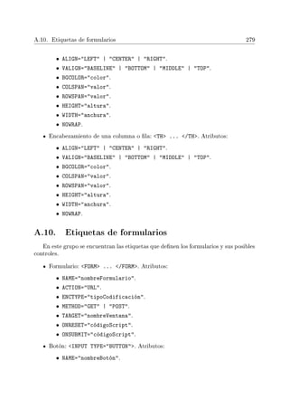 A.10. Etiquetas de formularios 279
• ALIGN=LEFT | CENTER | RIGHT.
• VALIGN=BASELINE | BOTTOM | MIDDLE | TOP.
• BGCOLOR=color.
• COLSPAN=valor.
• ROWSPAN=valor.
• HEIGHT=altura.
• WIDTH=anchura.
• NOWRAP.
Encabezamiento de una columna o la: TH ... /TH. Atributos:
• ALIGN=LEFT | CENTER | RIGHT.
• VALIGN=BASELINE | BOTTOM | MIDDLE | TOP.
• BGCOLOR=color.
• COLSPAN=valor.
• ROWSPAN=valor.
• HEIGHT=altura.
• WIDTH=anchura.
• NOWRAP.
A.10. Etiquetas de formularios
En este grupo se encuentran las etiquetas que denen los formularios y sus posibles
controles.
Formulario: FORM ... /FORM. Atributos:
• NAME=nombreFormulario.
• ACTION=URL.
• ENCTYPE=tipoCodificación.
• METHOD=GET | POST.
• TARGET=nombreVentana.
• ONRESET=códigoScript.
• ONSUBMIT=códigoScript.
Botón: INPUT TYPE=BUTTON. Atributos:
• NAME=nombreBotón.
 