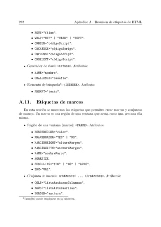 282 Apéndice A. Resumen de etiquetas de HTML
• ROWS=filas.
• WRAP=OFF | HARD | SOFT.
• ONBLUR=códigoScript.
• ONCHANGE=códigoScript.
• ONFOCUS=códigoScript.
• ONSELECT=códigoScript.
Generador de clave: KEYGEN. Atributos:
• NAME=nombre.
• CHALLENGE=desafío.
Elemento de búsqueda
4: ISINDEX. Atributo:
• PROMPT=texto.
A.11. Etiquetas de marcos
En esta sección se muestran las etiquetas que permiten crear marcos y conjuntos
de marcos. Un marco es una región de una ventana que actúa como una ventana ella
misma.
Región de una ventana (marco): FRAME. Atributos:
• BORDERCOLOR=color.
• FRAMEBORDER=YES | NO.
• MARGINHEIGHT=alturaMargen.
• MARGINWIDTH=anchuraMargen.
• NAME=nombreMarco.
• NORESIZE.
• SCROLLING=YES | NO | AUTO.
• SRC=URL.
Conjunto de marcos: FRAMESET ... /FRAMESET. Atributos:
• COLS=listaAnchurasColumnas.
• ROWS=listaAlturasFilas.
• BORDER=anchura.
4También puede emplearse en la cabecera.
 
