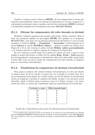 290 Apéndice B. Colores en HTML
Cuando se trabaja con los colores en HTML, las tres componentes se tienen que
expresar en hexadecimal. Como este sistema de numeración es un poco engorroso, a
continuación mostramos cómo se pueden convertir las componentes RGB de decimal
a hexadecimal mediante las herramientas que posee Microsoft Windows.
B.1.1. Obtener las componentes del color deseado en decimal
Mediante cualquier programa que permita seleccionar colores, podemos elegir el
color que queremos emplear en una página HTML. Por ejemplo, en el programa
Microsoft Paint
1, que viene con los sistemas operativos de Microsoft y que se puede
encontrar a través de Inicio → Programas → Accesorios, si seleccionamos en el
menú Colores la opción Modicar colores. . . aparece la paleta de colores de la
Figura B.1. Si en esta ventana se pulsa el botón Denir colores personalizados
, la ventana anterior se amplia y aparece la ventana de la Figura B.2.
En esta ventana se puede elegir de la paleta de colores un color y para el color
elegido se puede seleccionar su brillo. En las casillas Rojo, Verde y Azul aparecen
las correspondientes componentes en decimal (los valores de cada casilla varían desde
0 hasta 255). Una vez que se tienen las componentes del color deseado, el siguiente
paso es convertirlas a hexadecimal.
B.1.2. Transformar las componentes de decimal a hexadecimal
Para pasar un número del sistema decimal al hexadecimal, se tiene que dividir
el número entre 16. Si el cociente es mayor que 15, se divide el cociente entre 16 y
así sucesivamente hasta lograr un cociente menor que 16. El número en hexadecimal
escrito de izquierda a derecha se compone del último cociente y los sucesivos restos
obtenidos, desde el último hasta el primero, pero si el último cociente o los restos
tienen dos cifras, se tienen que transformar según las equivalencias del Cuadro B.1.
Cociente o resto Cifra hexadecimal
10 A
11 B
12 C
13 D
14 E
15 F
Cuadro B.1: Equivalencias para pasar del sistema decimal al hexadecimal
1Se ha elegido este programa porque se encuentra en la mayoría de los ordenadores con sistema
operativo Microsoft Windows. Existen programa de dibujo o retoque fotográco, como Jasc Paint Shop
Pro, que facilitan la tarea, ya que directamente muestran en hexadecimal las componentes RGB de
un color.
 