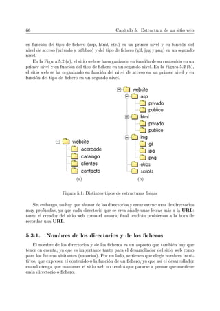 66 Capítulo 5. Estructura de un sitio web
en función del tipo de chero (asp, html, etc.) en un primer nivel y en función del
nivel de acceso (privado y público) y del tipo de chero (gif, jpg y png) en un segundo
nivel.
En la Figura 5.2 (a), el sitio web se ha organizado en función de su contenido en un
primer nivel y en función del tipo de chero en un segundo nivel. En la Figura 5.2 (b),
el sitio web se ha organizado en función del nivel de acceso en un primer nivel y en
función del tipo de chero en un segundo nivel.
(a) (b)
Figura 5.1: Distintos tipos de estructuras físicas
Sin embargo, no hay que abusar de los directorios y crear estructuras de directorios
muy profundas, ya que cada directorio que se crea añade unas letras más a la URL:
tanto el creador del sitio web como el usuario nal tendrán problemas a la hora de
recordar una URL.
5.3.1. Nombres de los directorios y de los cheros
El nombre de los directorios y de los cheros es un aspecto que también hay que
tener en cuenta, ya que es importante tanto para el desarrollador del sitio web como
para los futuros visitantes (usuarios). Por un lado, se tienen que elegir nombres intui-
tivos, que expresen el contenido o la función de un chero, ya que así el desarrollador
cuando tenga que mantener el sitio web no tendrá que pararse a pensar que contiene
cada directorio o chero.
 