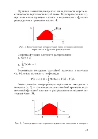 17
Функция плотности распределения вероятности определя-
ет плотность вероятности в этой точке. Геометрическая интер-
претация связи функции плотности вероятности и функции
распределения приведена на рис. 4.
Рис. 4. Геометрическая интерпретация связи функции плотности
вероятности и функции распределения
Рис. 5. Геометрическая интерпретация вероятности попадания в интервал
Свойства функции плотности распределения:
1. f(x)  0;
2. .1)( 


dxxf
Вероятность попадания случайной величины в интервал
(a, b] можно вычислить по формуле
).()()()( aFbFdxxfbxaP
b
a
 
Геометрическая интерпретация вероятности попадания в
интервал (a, b] — это площадь криволинейной трапеции, огра-
ниченной функцией плотности распределения в заданном ин-
тервале (рис. 5).
X
X
 