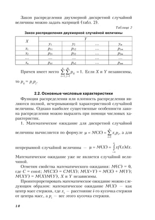 18
Закон распределения двухмерной дискретной случайной
величины можно задать матрицей (табл. 2).
Таблица 2
Закон распределения двухмерной случайной величины
Причем имеет место  
 

n
i
m
j
ijp
1 1
.1 Если X и Y независимы,
то pij
= pi
pj
.
2.2. Основные числовые характеристики
Функция распределения или плотность распределения яв-
ляются полной, исчерпывающей характеристикой случайной
величины. Однако наиболее существенные особенности зако-
на распределения можно выразить при помощи числовых ха-
рактеристик.
1. Математическое ожидание для дискретной случайной
величины вычисляется по формуле ,)(
1



n
i
iipxXM а для
непрерывной случайной величины — .)()( 


 dxxxfXM
Математическое ожидание уже не является случайной вели-
чиной.
Отметим свойства математического ожидания: M(C) = 0,
где C = const; M(CX) = CM(X); M(X+Y) = M(X) + M(Y);
M(XY) = M(X)M(Y), X и Y независимы.
Проинтерпретировать математическое ожидание можно сле-
дующим образом: математическое ожидание M(X) — как
центр масс стержня, где xi
— расстояние i-го кусочка стержня
от центра масс, а pi
— вес этого кусочка стержня.
Y
X
y1 y2 … ym
x1 p11 p12 … p1m
x2 p21 p22 … p2m
… … … … …
xn pn1 pn2 … pnm
 