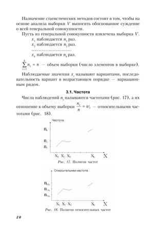 28
Назначение статистических методов состоит в том, чтобы на
основе анализа выборки V выносить обоснованное суждение
о всей генеральной совокупности.
Пусть из генеральной совокупности извлечена выборка V.
х1
наблюдается n1
раз.
х2
наблюдается n2
раз.
……………………….
хk
наблюдается nk
раз.



k
i
i nn
1
— объем выборки (число элементов в выборке).
Наблюдаемые значения xi
называют вариантами, последо-
вательность вариант в возрастающем порядке — вариацион-
ным рядом.
3.1. Частота
Числа наблюдений ni
называются частотами (рис. 17), а их
отношение к объему выборки i
i
w
n
n
 — относительными час-
тотами (рис. 18).
Рис. 17. Полигон частот
Рис. 18. Полигон относительных частот
 