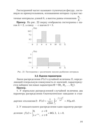 31
Гистограммой частот называют ступенчатую фигуру, состо-
ящую из прямоугольников, основаниями которых служат час-
тичные интервалы длиной h, а высоты равны отношению .
h
ni
Пример. На рис. 22 сверху отображена гистограмма с ша-
гом h = 2, а снизу — с шагом h = 5.
Рис. 22. Гистограммы с различными шагами разбиения интервала
3.2. Оценка параметров
Закон распределения F(x) случайной величины Х, опреде-
ляющий генеральную совокупность ее значений, характеризу-
ется набором числовых параметров  = (1
, 2
, …, n
).
Пример.
1. У нормально распределенной случайной величины два
параметра распределения (математическое ожидание и стан-
дартное отклонение): ).,(
2
1
)(
2
2
2
)(


 




NexF
x x
2. У показательного распределения один параметр распре-
деления: .0),(
0,
0,0
)( 





 
xe
x
xf x
 