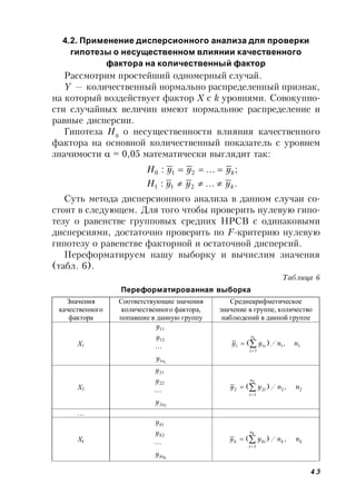 43
4.2. Применение дисперсионного анализа для проверки
гипотезы о несущественном влиянии качественного
фактора на количественный фактор
Рассмотрим простейший одномерный случай.
Y — количественный нормально распределенный признак,
на который воздействует фактор Х с k уровнями. Совокупно-
сти случайных величин имеют нормальное распределение и
равные дисперсии.
Гипотеза Н0
о несущественности влияния качественного
фактора на основной количественный показатель с уровнем
значимости  = 0,05 математически выглядит так:
....:
;...:
211
210
k
k
yyyH
yyyH


Суть метода дисперсионного анализа в данном случаи со-
стоит в следующем. Для того чтобы проверить нулевую гипо-
тезу о равенстве групповых средних НРСВ с одинаковыми
дисперсиями, достаточно проверить по F-критерию нулевую
гипотезу о равенстве факторной и остаточной дисперсий.
Переформатируем нашу выборку и вычислим значения
(табл. 6).
Таблица 6
Переформатированная выборка
Значения
качественного
фактора
Соответствующие значения
количественного фактора,
попавшие в данную группу
Среднеарифметическое
значение в группе, количество
наблюдений в данной группе
Х1
11
12
11
ny
y
y
 11
1
11 ,/)(
1
nnyy
n
i
i


Х2
22
22
21
ny
y
y
 22
1
22 ,/)(
2
nnyy
n
i
i


…
Хk
kkn
k
k
y
y
y

2
1
kk
n
i
kik nnyy
k
,/)(
1



 
