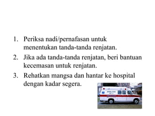 Periksa nadi/pernafasan untuk menentukan tanda-tanda renjatan. Jika ada tanda-tanda renjatan, beri bantuan kecemasan untuk renjatan. Rehatkan mangsa dan hantar ke hospital dengan kadar segera. 