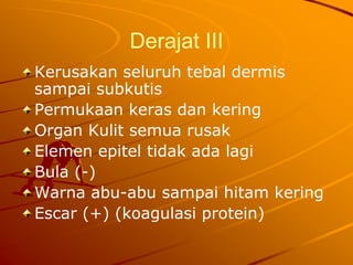 Derajat III
Kerusakan seluruh tebal dermis
sampai subkutis
Permukaan keras dan kering
Organ Kulit semua rusak
Elemen epitel tidak ada lagi
Bula (-)
Warna abu-abu sampai hitam kering
Escar (+) (koagulasi protein)
 
