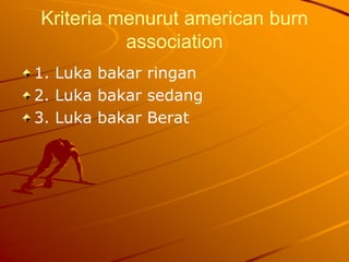 Kriteria menurut american burn
association
1. Luka bakar ringan
2. Luka bakar sedang
3. Luka bakar Berat
 