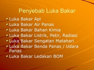 Penyebab Luka Bakar
Luka Bakar Api
Luka Bakar Air Panas
Luka Bakar Bahan Kimia
Luka Bakar Listrik, Petir, Radiasi
Luka Bakar Sengatan Matahari
Luka Bakar Benda Panas / Udara
Panas
Luka Bakar Ledakan BOM
 