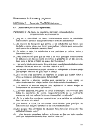 106
Dimensiones, indicadores y preguntas
DIMENSIÓN C Desarrollar PRÁCTICAS inclusivas
C.1 Orquestar el proceso de aprendizaje.
INDICADOR C.1.12. Todos los estudiantes participan en las actividades
complementarias y extraescolares.
i. ¿Hay en la comunidad una oferta suficientemente amplia de actividades
extraescolares para que atraigan el interés de todos los estudiantes?
ii. ¿Se dispone de transporte que permita a los estudiantes que tienen que
trasladarse desde lejos o que tienen una movilidad reducida, para que puedan
participar en las actividades extraescolares?
iii. ¿Se anima a todos los estudiantes a que participen en música, teatro y
actividades físicas?
iv. ¿ Hay oportunidades para que los niños o las niñas participen indistintamente
en actividades en las que suele predominar la presencia de un solo género,
tales como la danza, el fútbol, los grupos de informática..?
v. ¿Hay oportunidades para grupos de un solo sexo cuando las actividades mixtas
están prohibidas por aspectos culturales, religiosos, etc.?
vi. ¿Se disuade a determinados grupos para que no monopolicen el área de juego
(por ejemplo, a los que les gusta jugar al fútbol)?
vii. ¿Se enseña a los estudiantes un repertorio de juegos que puedan incluir a
chicos y chicas con distintos grados de habilidad?
viii.¿Los alumnos o alumnas elegidos para representar a sus clases en
determinados eventos, reflejan la diversidad de los estudiantes del centro?
ix. ¿Los alumnos o alumnas elegidos para representar al centro reflejan la
diversidad de los estudiantes del mismo?
x. ¿Los viajes escolares, incluyendo las visitas al extranjero, son accesibles para
todos los estudiantes del centro, independientemente de su rendimiento
académico o de que pudieran tener una discapacidad, por ejemplo.?
xi. ¿Se da a todos los estudiantes oportunidades para participar en actividades
fuera del centro educativo?
xii. ¿Se brindan a todos los estudiantes oportunidades para participar en
actividades que apoyen y beneficien a las comunidades locales?
xiii.¿Los juegos y las actividades de educación física fomentan el deporte y las
aptitudes físicas de todos?
xiv. ¿Las jornadas deportivas incluyen actividades en las que todos puedan
participar, independientemente de su nivel de capacidad?
 