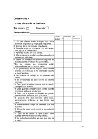 121
Cuestionario 4
Lo que pienso de mi instituto
Soy hombre Soy mujer
Estoy en el curso _______________________
Comple-
tamente de
acuerdo
De acuerdo En
desacuerdo
1. En las clases suelo trabajar con otros
alumnos en parejas y en grupos pequeños.
2. Disfruto de la mayoría de mis clases.
3. Cuando tengo un problema con mi trabajo,
pido ayuda al profesorado.
4. Aprendo mucho en este centro.
5. Mis amigos me ayudan en clase cuando me
estanco en mi trabajo.
6. Tener un profesor de apoyo en algunas de
mis clases me ayuda en mi aprendizaje.
7.En las clases, los profesores están
interesados en escuchar mis ideas.
8. Al profesorado no le importa que cometa
errores en mi trabajo si he intentado hacerlo
lo mejor posible.
9. Se expone mi trabajo en las paredes del
centro.
10. El profesorado de este centro es amable
conmigo.
11. Creo que los profesores son justos cuando
castigan a un alumno.
12. Creo que los profesores son justos cuando
premian o alaban a un alumno.
13. Creo que a algunos profesores les gustan
determinados alumnos más que otros.
14. Cuando me dan deberes para casa,
generalmente entiendo lo que tengo que
hacer.
15. Generalmente hago los deberes que me
mandan.
16. Me gusta estar en el centro la mayoría del
tiempo.
17. Éste es el centro al que quería venir
cuando terminé mi educación primaria.
18. De todos los institutos, yo creo que éste es
el mejor.
 