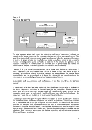 40
Etapa 2
Análisis del centro
En esta segunda etapa del Index, los miembros del grupo coordinador utilizan sus
conocimientos sobre el proceso del Index para trabajar con otros grupos del centro. Ellos
garantizan que estarán representadas las perspectivas de todos los grupos existentes en
el centro. El grupo analiza los resultados de estas consultas e inicia, si es necesario,
nuevas investigaciones para completar el estudio de la cultura, las políticas y las
prácticas escolares. A continuación se acuerda con el profesorado del centro las
prioridades de mejora. Esta etapa podría durar alrededor de un trimestre.
La etapa 2, al igual que el resto del trabajo con el Index, será distinta en cada centro. El
grupo coordinador se responsabiliza de decidir el mejor modelo para llevar a cabo el
proceso y el modo de ofrecer la mayor cantidad de oportunidades de mejora. Estas
oportunidades se van presentando a lo largo del intercambio de conocimiento de los
miembros de la comunidad y del examen de los aspectos del centro.
Exploración del conocimiento del profesorado y de los miembros del consejo
escolar
El trabajo con el profesorado y los miembros del Consejo Escolar parte de la experiencia
del grupo coordinador adquirida al familiarizarse con los materiales. Sugerimos que el
grupo siga el mismo proceso, aprovechando el conocimiento previo acerca de los
conceptos clave para, a continuación, pulirlo utilizando para ello los indicadores y las
preguntas y todo ello con el objetivo de centrarse en las prioridades.
La estrategia específica para recopilar información sobre el centro puede verse afectado
por cuestiones como el tamaño del centro, o si éste es de primaria o secundaria así como
por la naturaleza del grupo que comparte su conocimiento. En centros de secundaria
grandes, por ejemplo, será imposible trabajar con todo el profesorado junto, excepto en
una sesión inicial de sensibilización. La implicación en el proceso se puede conducir en
grupos según departamentos o niveles, con un miembro del grupo coordinador que los
relacione. Será necesario que grupos de distinta naturaleza se reúnan para considerar
diferentes bloques temáticos.
Etapa 1
Inicio del proceso del Index
Etapa 3
Elaboración de un
plan de mejora
escolar una
orientación inclusiva
Etapa 5
Revisar el
proceso del
Index
Etapa 4
Implementación de los aspectos
susceptibles de mejora
Etapa 2
Análisis del centro
 