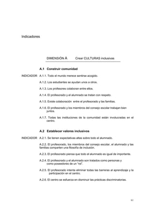 61
Indicadores
DIMENSIÓN A Crear CULTURAS inclusivas
A.1 Construir comunidad
INDICADOR A.1.1. Todo el mundo merece sentirse acogido.
A.1.2. Los estudiantes se ayudan unos a otros.
A.1.3. Los profesores colaboran entre ellos.
A.1.4. El profesorado y el alumnado se tratan con respeto.
A.1.5. Existe colaboración entre el profesorado y las familias.
A.1.6. El profesorado y los miembros del consejo escolar trabajan bien
juntos.
A.1.7. Todas las instituciones de la comunidad están involucradas en el
centro.
A.2 Establecer valores inclusivos
INDICADOR A.2.1. Se tienen expectativas altas sobre todo el alumnado.
A.2.2. El profesorado, los miembros del consejo escolar, el alumnado y las
familias comparten una filosofía de inclusión.
A.2.3. El profesorado piensa que todo el alumnado es igual de importante.
A.2.4. El profesorado y el alumnado son tratados como personas y
como poseedores de un “rol”.
A.2.5. El profesorado intenta eliminar todas las barreras al aprendizaje y la
participación en el centro.
A.2.6. El centro se esfuerza en disminuir las prácticas discriminatorias.
 