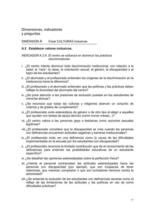 77
Dimensiones, indicadores
y preguntas
DIMENSIÓN A Crear CULTURAS inclusivas
A.2 Establecer valores inclusivos.
INDICADOR A.2.6. El centro se esfuerza en disminuir las prácticas
discriminatorias.
i. ¿El centro intenta disminuir toda discriminación institucional, con relación a la
edad, la “raza”, la clase, la orientación sexual, el género, la discapacidad o el
logro de los estudiantes?
ii. ¿El alumnado y el profesorado entienden los orígenes de la discriminación en la
intolerancia hacia la diferencia?
iii. ¿El profesorado y el alumnado entienden que las políticas y las prácticas deben
reflejar la diversidad del alumnado del centro?
iv. ¿Se pone atención a las presiones de exclusión puestas en los estudiantes de
minorías étnicas?
v. ¿Se reconoce que todas las culturas y religiones abarcan un conjunto de
criterios y de grados de cumplimiento?
vi. ¿El profesorado evita estereotipos de género o de otro tipo al elegir a aquellos
que ayuden con tareas de apoyo técnico (como mover mesas...)?
vii. ¿El centro valora a las personas gays o lesbianas como opciones sexuales
legítimas?
viii.¿El profesorado considera que la discapacidad se crea cuando las personas
con deficiencias encuentran actitudes negativas y barreras institucionales?
ix. ¿El profesorado evita ver una deficiencia como la causa de las dificultades
experimentadas en la escuela por los estudiantes con discapacidad?
x. ¿El profesorado reconoce la limitada contribución que da el conocimiento de las
deficiencias para entender las posibilidades educativas de un estudiante
específico?
xi. ¿Se desafían las opiniones estereotipadas sobre la perfección física?
xii. ¿Intenta el personal contrarrestar las actitudes estereotipadas hacia las
personas con discapacidad (por ejemplo, que son incapaces de tener
relaciones, que merecen compasión o que son luchadores heroicos contra la
adversidad?
xiii.¿Se entiende la exclusión de los estudiantes con deficiencias severas como el
reflejo de las limitaciones de las actitudes y las políticas en vez de como
dificultades prácticas?
 