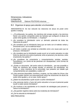 92
Dimensiones, indicadores
y preguntas
DIMENSIÓN B Elaborar POLÍTICAS inclusivas
B.2 Organizar el apoyo para atender a la diversidad
INDICADOR B.2.9. Se han reducido las relaciones de abuso de poder entre
iguales o bullying
i. ¿ El profesorado, los padres, los miembros del consejo escolar y los alumnos
tienen una opinión compartida sobre los factores que configuran el abuso de
poder entre iguales, la intimidación, o “bulyling”?
ii. ¿Se considera la intimidación como un derivado potencial de todas las
relaciones de poder?
iii. ¿Se considera que la intimidación tiene que ver tanto con el maltrato verbal y
emocional como con la violencia física?
iv. ¿El miedo a perder una amistad es entendido como una causa para que se
produzca intimidación?
v. ¿Se considera que la intimidación puede ocurrir en el centro educativo no sólo
entre los alumnos sino entre el personal, entre el personal y los alumnos, entre
el personal y los padres ?
vi. ¿Se consideran los comentarios y comportamientos racistas, sexistas,
homofóbicos y en contra de las personas con discapacidad, como formas de
intimidación?
vii. ¿Existe un documento del centro sobre la intimidación, que sea accesible a
todos los miembros del consejo escolar; el personal, los estudiantes, los
padres, y otros miembros de la comunidad, que presente con detalle qué
comportamientos son aceptables y cuáles no?
viii.¿Hay personas disponibles, hombres y mujeres, con las cuales los chicos y las
chicas pueden discutir sus preocupaciones sobre las situaciones de abuso de
poder entre iguales y, en su caso, recibir apoyo ?
ix. ¿Saben los estudiantes a quién acudir si sufren intimidación?
x. ¿Hay personas dentro y fuera del centro educativo a la que el personal puede
acudir si están siendo intimidados?
xi. ¿Se involucra a los estudiantes en la creación de estrategias para prevenir y
reducir la intimidación?
xii. ¿Se guardan registros claros sobre los incidentes de intimidación?
xiii.¿Se ha reducido la intimidación?
MÁS PREGUNTAS
 