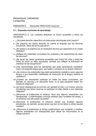 94
Dimensiones, indicadores
y preguntas
DIMENSIÓN C Desarrollar PRÁCTICAS inclusivas
C.1 Orquestar el proceso de aprendizaje.
INDICADOR C.1.2. Las unidades didácticas se hacen accesibles a todos los
estudiantes.
i. ¿ Se presta atención específica a la adecuación del lenguaje oral y escrito?
ii. ¿Se preparan las clases teniendo en cuenta el lenguaje que los alumnos
encuentran fuera del centro educativo?
iii. ¿Se explica y se practica con el vocabulario técnico que aparecerá en la unidad
didáctica?
iv. ¿Reflejan los materiales curriculares los contextos y las experiencias de todos
los alumnos?
v. ¿Se hacen las clases igualmente accesibles para todos los niños y todas las
niñas, al incluir en ellas actividades variadas que reflejan la diversidad de
intereses de los dos géneros?
vi. ¿Hay oportunidades para los estudiantes que están aprendiendo castellano2
como una segunda lengua para que hablen y escriban en su lengua materna?
vii. ¿Se motiva a los estudiantes que están aprendiendo castellano como segunda
lengua a que desarrollen habilidades de traducción de la lengua materna al
castellano?
viii.¿Pueden los estudiantes participar en todas las áreas curriculares, por
ejemplo, en ciencias y en educación física, en la ropa apropiada según sus
creencias religiosas?
ix. ¿Se hacen adaptaciones al currículo, por ejemplo en arte, o en música, para los
estudiantes que tienen reservas en participar en ellas debido a sus creencias
religiosas?
x. ¿Reconoce el profesorado el esfuerzo físico que algunos estudiantes con
discapacidad o enfermedades crónicas emplean para completar las tareas, y
el cansancio que ello puede causarles?
xi. ¿Reconoce el profesorado el esfuerzo mental que emplean algunos
estudiantes, por ejemplo, porque tienen que leer en los labios o utilizar ayudas
visuales?
xii. ¿Reconoce el profesorado el tiempo suplementario que necesitan y emplean
algunos estudiantes con discapacidad para utilizar los instrumentos en el
trabajo práctico?
 