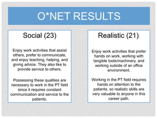 O*NET RESULTS
Social (23)
Enjoy work activities that assist
others, prefer to communicate,
and enjoy teaching, helping, and
giving advice. They also like to
provide service to others.
Possessing these qualities are
necessary to work in the PT field
since it requires constant
communication and service to the
patients.
Realistic (21):
Enjoy work activities that prefer
hands on work, working with
tangible tools/machinery, and
working outside of an office
environment.
Working in the PT field requires
hands on attention to the
patients, so realistic skills are
very valuable to anyone in this
career path.
 