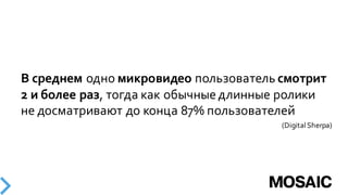 В  среднем  одно  микровидео пользователь  смотрит
2  и  более  раз,  тогда  как  обычные  длинные  ролики  
не  досматривают  до  конца  87%  пользователей
(Digital  Sherpa)
 