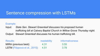 Sentence compression with LSTMs
Example:
Input: State Sen. Stewart Greenleaf discusses his proposed human
trafficking bill at Calvery Baptist Church in Willow Grove Thursday night.
Output: Stewart Greenleaf discusses his human trafficking bill.
Results: readability
informativeness
MIRA (previous best): 4.31 3.55
LSTM [Filippova et al., 2015]: 4.51 3.78
 
