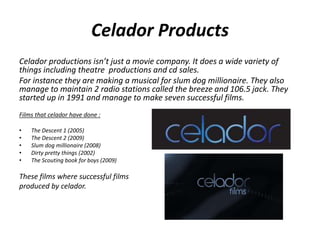Celador Products 
Celador productions isn’t just a movie company. It does a wide variety of 
things including theatre productions and cd sales. 
For instance they are making a musical for slum dog millionaire. They also 
manage to maintain 2 radio stations called the breeze and 106.5 jack. They 
started up in 1991 and manage to make seven successful films. 
Films that celador have done : 
• The Descent 1 (2005) 
• The Descent 2 (2009) 
• Slum dog millionaire (2008) 
• Dirty pretty things (2002) 
• The Scouting book for boys (2009) 
These films where successful films 
produced by celador. 
 