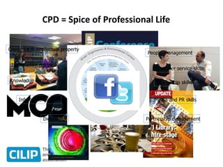 CPD = Spice of Professional Life
Knowledge synthesis
Information retrieval
Copyright & intellectual property
Digitisation
Information literacy
Leadership skills
People management
Customer service skills
Media and PR skills
Partnership development
 