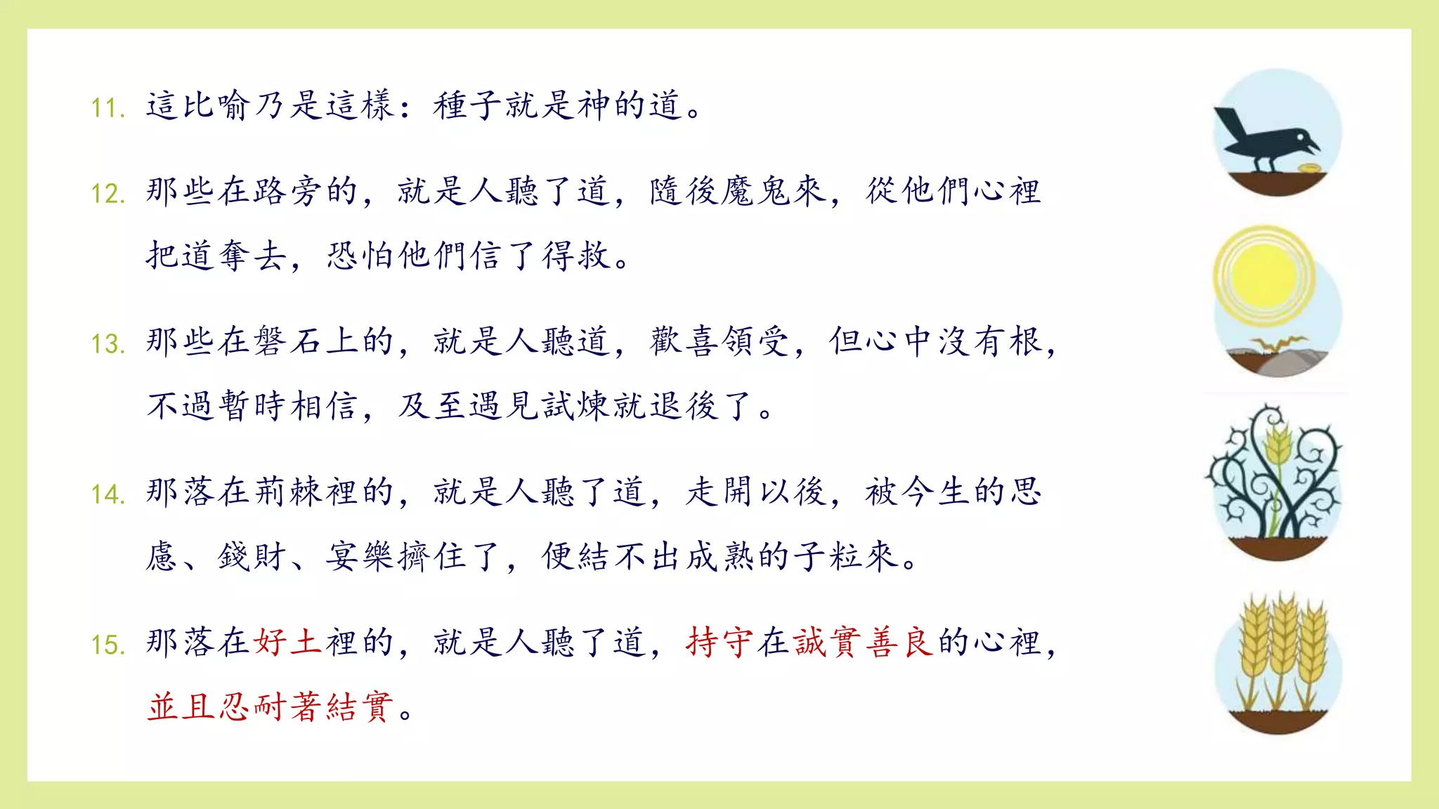 11. 這比喻乃是這樣：種子就是神的道。
12. 那些在路旁的，就是人聽了道，隨後魔鬼來，從他們心裡
把道奪去，恐怕他們信了得救。
13. 那些在磐石上的，就是人聽道，歡喜領受，但心中沒有根，
不過暫時相信，及至遇見試煉就退後了。
14. 那落在荊棘裡的，就是人聽了道，走開以後，被今生的思
慮、錢財、宴樂擠住了，便結不出成熟的子粒來。
15. 那落在好土裡的，就是人聽了道，持守在誠實善良的心裡，
並且忍耐著結實。
 