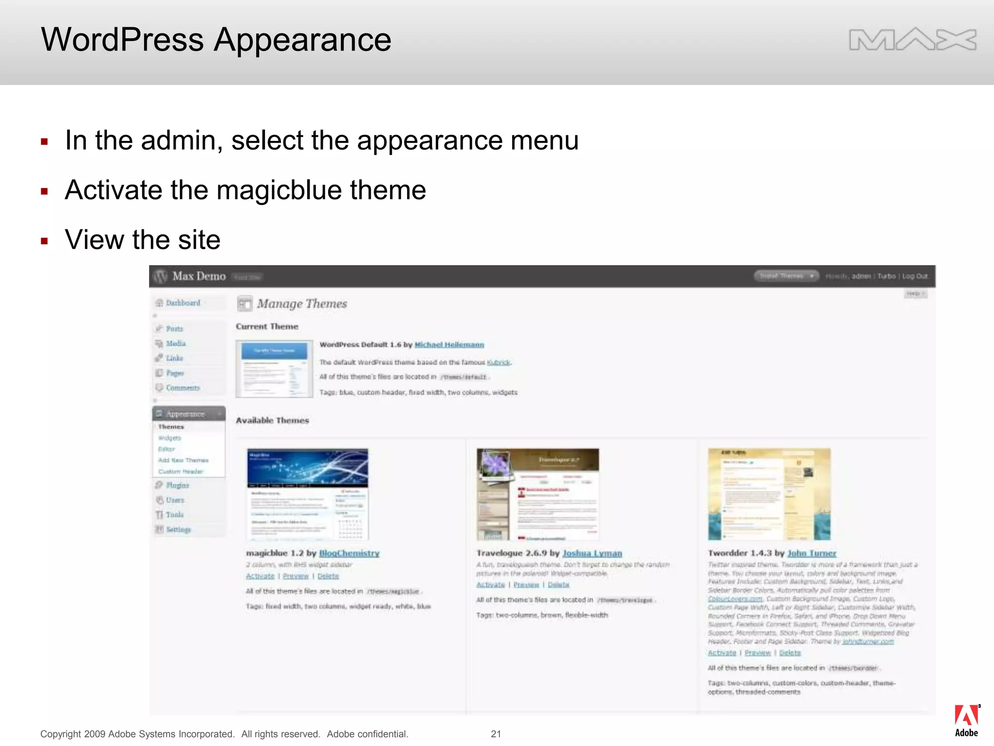 WordPress AppearanceIn the admin, select the appearance menuActivate the magicblue themeView the site
