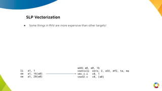 SLP Vectorization
● Some things in RVV are more expensive than other targets!
li a1, 1
sw a1, 16(a0)
sw a1, 20(a0)
addi a0, a0, 16
vsetivli zero, 2, e32, mf2, ta, ma
vmv.v.i v8, 1
vse32.v v8, (a0)
 