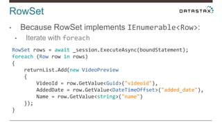 RowSet
• Because RowSet implements IEnumerable<Row>:
• Iterate with foreach
RowSet rows = await _session.ExecuteAsync(boundStatement);
foreach (Row row in rows)
{
returnList.Add(new VideoPreview
{
VideoId = row.GetValue<Guid>("videoid"),
AddedDate = row.GetValue<DateTimeOffset>("added_date"),
Name = row.GetValue<string>("name")
});
}
 