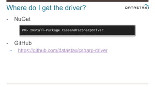 Where do I get the driver?
• NuGet
• GitHub
• https://github.com/datastax/csharp-driver
 