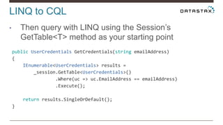 LINQ to CQL
• Then query with LINQ using the Session’s
GetTable<T> method as your starting point
public UserCredentials GetCredentials(string emailAddress)
{
IEnumerable<UserCredentials> results =
_session.GetTable<UserCredentials>()
.Where(uc => uc.EmailAddress == emailAddress)
.Execute();
return results.SingleOrDefault();
}
 