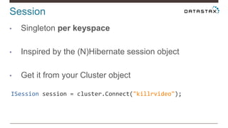 Session
• Singleton per keyspace
• Inspired by the (N)Hibernate session object
• Get it from your Cluster object
ISession session = cluster.Connect("killrvideo");
 