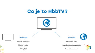 Co je to HbbTV?
Televize
Televizní obrazovka
Televizní vysílání
DVB-T/S/C
Internet
Internetová vrstva
Interakce/obsah na vyžádání
Personalizace obsahu
 