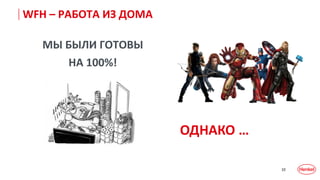 10
МЫ БЫЛИ ГОТОВЫ
НА 100%!
WFH – РАБОТА ИЗ ДОМА
ОДНАКО …
 