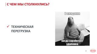 12
С ЧЕМ МЫ СТОЛКНУЛИСЬ?
 ТЕХНИЧЕСКАЯ
ПЕРЕГРУЗКА
 