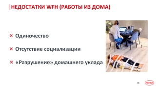 20
× «Разрушение» домашнего уклада
× Отсутствие социализации
× Одиночество
НЕДОСТАТКИ WFH (РАБОТЫ ИЗ ДОМА)
 