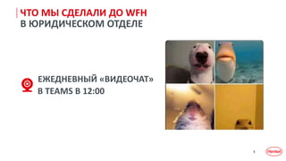 5
ЧТО МЫ СДЕЛАЛИ ДО WFH
В ЮРИДИЧЕСКОМ ОТДЕЛЕ
ЕЖЕДНЕВНЫЙ «ВИДЕОЧАТ»
В TEAMS В 12:00
 