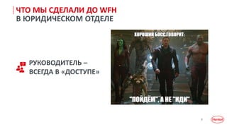 7
ЧТО МЫ СДЕЛАЛИ ДО WFH
В ЮРИДИЧЕСКОМ ОТДЕЛЕ
РУКОВОДИТЕЛЬ –
ВСЕГДА В «ДОСТУПЕ»
 