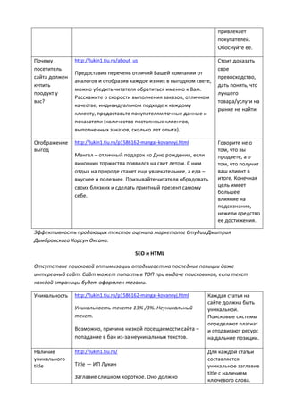 привлекает
покупателей.
Обоснуйте ее.
Почему
посетитель
сайта должен
купить
продукт у
вас?
http://lukin1.tiu.ru/about_us
Предоставив перечень отличий Вашей компании от
аналогов и отобразив каждое из них в выгодном свете,
можно убедить читателя обратиться именно к Вам.
Расскажите о скорости выполнения заказов, отличном
качестве, индивидуальном подходе к каждому
клиенту, предоставьте покупателям точные данные и
показатели (количество постоянных клиентов,
выполненных заказов, сколько лет опыта).
Стоит доказать
свое
превосходство,
дать понять, что
лучшего
товара/услуги на
рынке не найти.
Отображение
выгод
http://lukin1.tiu.ru/p1586162-mangal-kovannyj.html
Мангал – отличный подарок ко Дню рождения, если
виновник торжества появился на свет летом. С ним
отдых на природе станет еще увлекательнее, а еда –
вкуснее и полезнее. Призывайте читателя обрадовать
своих близких и сделать приятный презент самому
себе.
Говорите не о
том, что вы
продаете, а о
том, что получит
ваш клиент в
итоге. Конечная
цель имеет
большее
влияние на
подсознание,
нежели средство
ее достижения.
Эффективность продающих текстов оценила маркетолог Студии Дмитрия
Димбровского Корсун Оксана.
SEO и HTML
Отсутствие поисковой оптимизации отодвигает на последние позиции даже
интересный сайт. Сайт может попасть в ТОП при выдаче поисковиков, если текст
каждой страницы будет оформлен тегами.
Уникальность http://lukin1.tiu.ru/p1586162-mangal-kovannyj.html
Уникальность текста 13% /3%. Неуникальный
текст.
Возможно, причина низкой посещаемости сайта –
попадание в бан из-за неуникальных текстов.
Каждая статья на
сайте должна быть
уникальной.
Поисковые системы
определяют плагиат
и отодвигают ресурс
на дальние позиции.
Наличие
уникального
title
http://lukin1.tiu.ru/
Title — ИП Лукин
Заглавие слишком короткое. Оно должно
Для каждой статьи
составляется
уникальное заглавие
title с наличием
ключевого слова.
 