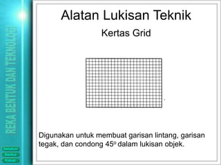 Alatan Lukisan Teknik
                            Kertas Grid




          Digunakan untuk membuat garisan lintang, garisan
Sebelum
          tegak, dan condong 45o dalam lukisan objek.
Berikut
Keluar
 