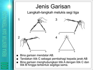 Jenis Garisan
                  Langkah-langkah melukis segi tiga

           1                           3


                    A          B
                                           A         B
                                               C
           2                           4



                    A          B           A         B

          ■ Bina garisan mendatar AB.
          ■ Tandakan titik C sebagai pembahagi kepada jarak AB
Sebelum   ■ Bina garisan menghubungkan titik A dengan titik C dan
Berikut     titik B hingga terbentuk segitiga sama.
Keluar
 