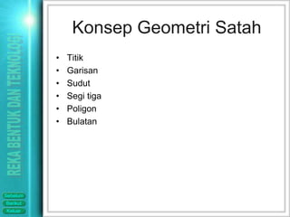Konsep Geometri Satah
          •   Titik
          •   Garisan
          •   Sudut
          •   Segi tiga
          •   Poligon
          •   Bulatan




Sebelum
Berikut
Keluar
 